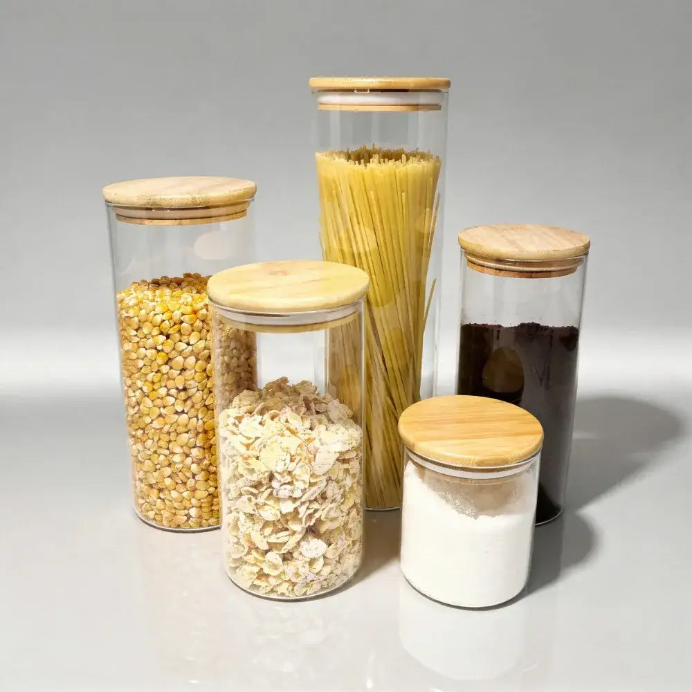 Kit 5 Potes de Vidro com Tampa de Bambu Herméticos